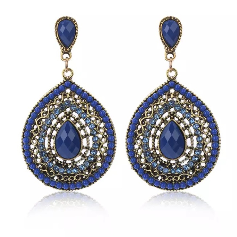 Vintage Antique Golden Blue Dangle Drop Earrings - Picture 2 of 3